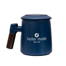 Load image into Gallery viewer, THREE PIECE CERAMIC LOGO INFUSER TEA MUG - MIDNIGHT BLUE
