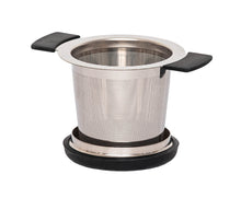 Load image into Gallery viewer, Front view stylish stainless steel loose leaf tea infuser with black silicone detail and lid that doubles as a saucer. In-cup tea infuser.