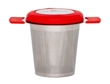 Load image into Gallery viewer, Front view stylish stainless steel loose leaf tea infuser with red silicone detail and lid that doubles as a saucer. In-cup tea infuser.