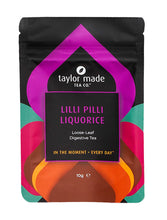 Load image into Gallery viewer, Lilli Pilli Liquorice organic loose leaf digestive tea pouch. Purple pouch design scheme. 10g discovery pack.