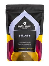 Load image into Gallery viewer, Lullaby loose leaf sleep tea with ashwagandha stand up pouch. Sleepy tea. Anti-anxiety tea. Calming tea. Calm tea. Organic sleep tea. Organic chamomile herbal tea blend. Contemporary lavender coloured design scheme.70g pack.