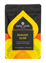 Load image into Gallery viewer, Radiant Glow loose leaf beauty tea fortified with collagen large stand up pouch. Collagen beauty tea. Skin tea. Organic tea with collagen. Complexion tea. Bright yellow contemporary design scheme. 80g pack.
