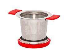 Load image into Gallery viewer, Front view stylish stainless steel loose leaf tea infuser with red silicone detail and lid that doubles as a saucer. In-cup tea infuser.