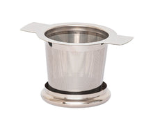 Load image into Gallery viewer, Front view stylish stainless steel loose leaf tea infuser with red silicone detail and lid that doubles as a saucer. In-cup tea infuser.