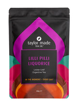 Load image into Gallery viewer, Lilli Pilli Liquorice organic loose leaf digestive tea pouch. Purple pouch design scheme. 60g pack.