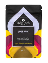 Load image into Gallery viewer, Lullaby loose leaf sleep tea with ashwagandha stand up pouch. Sleepy tea. Anti-anxiety tea. Calming tea. Calm tea. Organic sleep tea. Organic chamomile herbal tea blend. Contemporary lavender coloured design scheme. 15g Discovery pack.