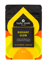 Load image into Gallery viewer, Radiant Glow loose leaf beauty tea fortified with collagen large stand up pouch. Collagen beauty tea. Skin tea. Organic tea with collagen. Complexion tea. Bright yellow contemporary design scheme. 15g Discovery pack.