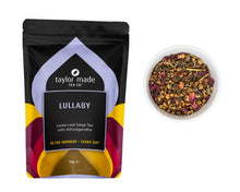 Load image into Gallery viewer, Lullaby loose leaf organic sleep tea with ashwagandha 70g. Tea pouch with glass bowl and tea leaves in it. Tea leaves very pretty with rose petals, cnamomileflowers and lilac lavender. Sleepy tea. Anti-anxiety tea. Calming tea. Calm tea. Organic sleep tea. Organic chamomile herbal tea blend.