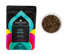 Load image into Gallery viewer, Pure detox loose leaf organic cleansing tea. Pouch with bright teal colour and glass bowl with brown tea leaves and red schisandra berries.