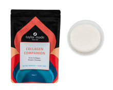 Load image into Gallery viewer, Collagen Companion peptide powder. protein Powder. Fine white powder in glass bowl next to tea pouch.