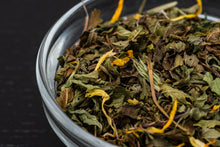 Load image into Gallery viewer, Yowie Mint tea leaves peppermint, spearmint and yellow calendula petals. Pretty loose leaf tea.