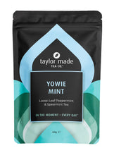 Load image into Gallery viewer, Yowie Mint Loose leaf peppermint and spearmint tea stand up pouch. Peppermint, spearmint tea blend. Organic mint tea. Mint tea. Tummy tea. Digestive tea. Contemporary bright blue design. 40g pack.