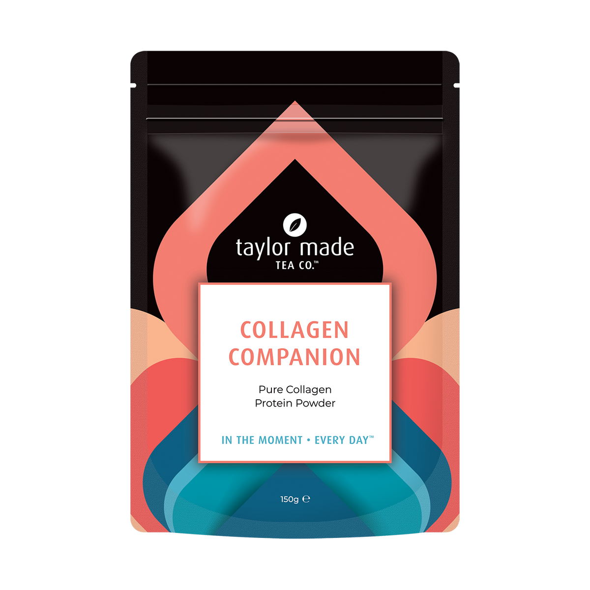 Taylor Made Tea Co. Collagen Companion Collagen Peptide Protein Powder pouch with coral and blue design.