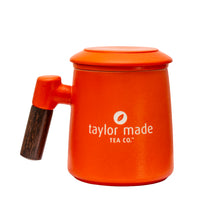 Load image into Gallery viewer, THREE PIECE CERAMIC LOGO INFUSER TEA MUG - ORANGE
