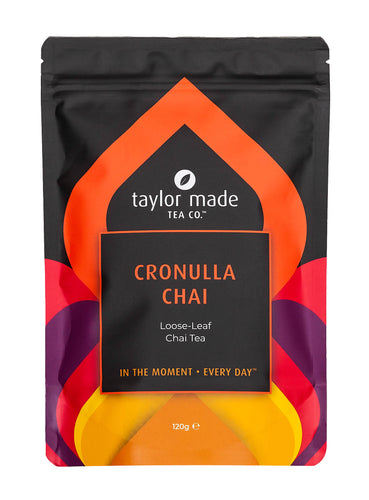 Cronulla Chai Loose leaf chai tea 120g. Organic chai tea. Chai tea. Black tea. Black chai tea. Chai latte. High quality chai tea. Contemporary orange design scheme.