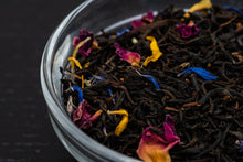 Load image into Gallery viewer, Close up of Elouera Earl French Earl Grey tea. Gorgeous blue cornflower petals, golden calendula and pink rose petals in a black tea base. 
