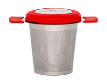 Load image into Gallery viewer, Front view stylish stainless steel loose leaf tea infuser with red silicone detail and lid that doubles as a saucer. In-cup tea infuser. 
