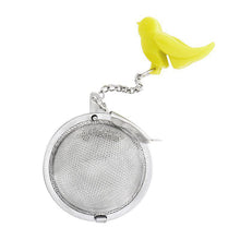 Load image into Gallery viewer, Ball and chain tea infuser with green silicone bird to hang on teacup. Cute tea infuser. Ball tea infuser. Tea infuser for loose leaf tea. Front view
