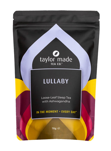 Lullaby loose leaf sleep tea with ashwagandha stand up pouch. Sleepy tea. Anti-anxiety tea. Calming tea. Calm tea. Organic sleep tea. Organic chamomile herbal tea blend.  Contemporary lavender coloured design scheme.70g pack.