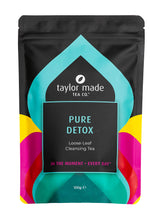 Load image into Gallery viewer, Pure Detox loose leaf cleansing tea stand up pouch. Loose leaf detox tea. Organic detox tea. Detoxification tea. Slim tea. Skinny tea. Clean tea. Cleansing tea. Bright aqua design colour scheme. 100g pouch.
