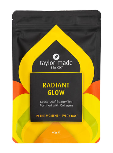 Radiant Glow loose leaf beauty tea fortified with collagen large stand up pouch. Collagen beauty tea. Skin tea. Organic tea with collagen. Complexion tea. Bright yellow contemporary design scheme. 80g pack.