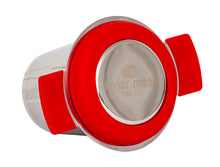 Load image into Gallery viewer, Side top view stylish stainless steel loose leaf tea infuser with red silicone detail and lid that doubles as a saucer. In-cup tea infuser.
