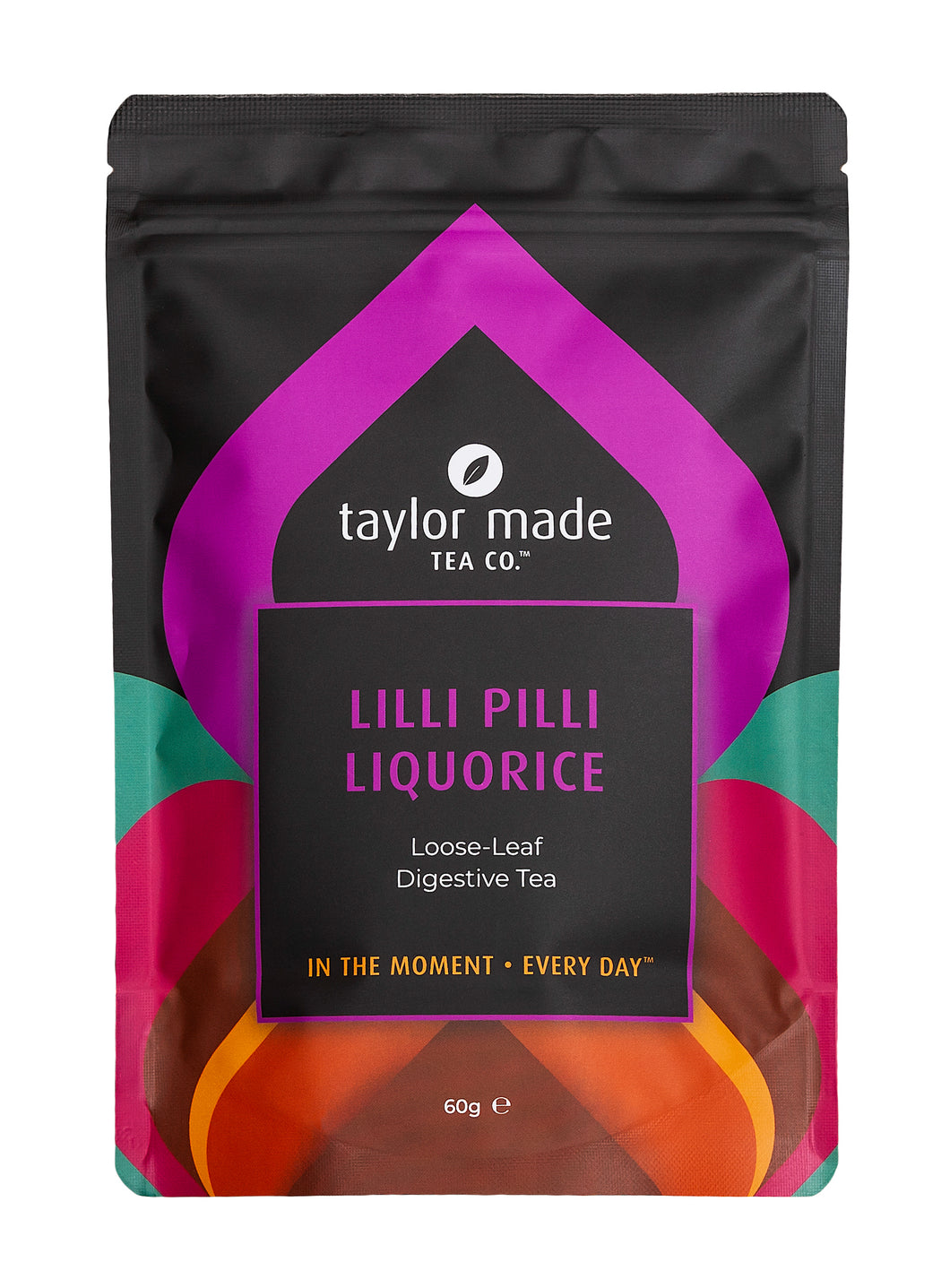Lilli Pilli Liquorice organic loose leaf digestive tea pouch. Purple pouch design scheme. 60g pack. 