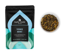Load image into Gallery viewer, Yowie Mint organic loose leaf spearmint and peppermint tea pouch with glass bowl with tea leaves in it, including golden calendula petals.
