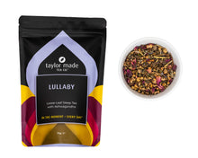 Load image into Gallery viewer, Lullaby loose leaf organic sleep tea with ashwagandha 70g. Tea pouch with glass bowl and tea leaves in it. Tea leaves very pretty with rose petals, cnamomileflowers and lilac lavender. Sleepy tea. Anti-anxiety tea. Calming tea. Calm tea. Organic sleep tea. Organic chamomile herbal tea blend. 
