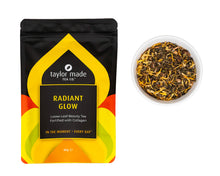 Load image into Gallery viewer, Radiant Glow loose leaf beauty tea fortified with collagen 80g. Pouch pictured with tea leaves highlighted with bright yellow calendula in glass bowl. Pretty tea. Radiant tea. Collagen beauty tea. Skin tea. Organic tea with collagen. Complexion tea. 
