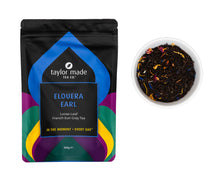 Load image into Gallery viewer, Elouera Earl organic loose leaf French earl great tea pouch with glass bowl containing pretty tea leaves, blue cornflower petals, pink rose petals, golden calendula petals with black tea base. Pretty tea. 
