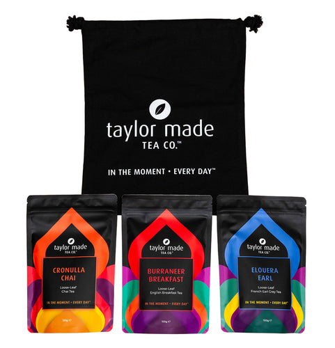 Black Tea Bundle. Set of 3 organic loose leaf black teas with black branded tote (carry bag). Burraneer Breakfast loose leaf English breakfast tea. Cronulla Chai loose leaf chai tea. Elouera Earl loose leaf French Earl Great tea. Organic black teas.