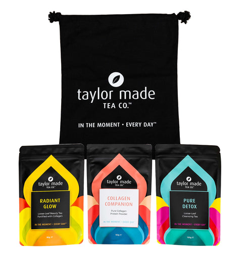 Stunning Skin Bundle. Radiant Glow and Pure Detox Loose leaf organic beauty tea blends, Collagen Companion collagen peptides powder for complexion and skin. Skin tea. Beauty tea. Collagen peptides. Value bundle with Black tote.
